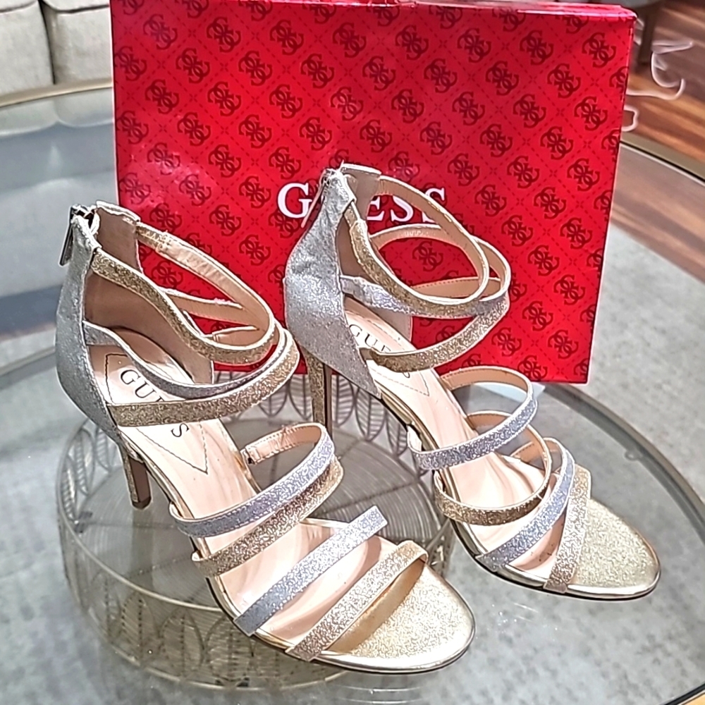 Guess Strappy Pumps Gold & Silver Straps  Stiletto Heels sz 8M